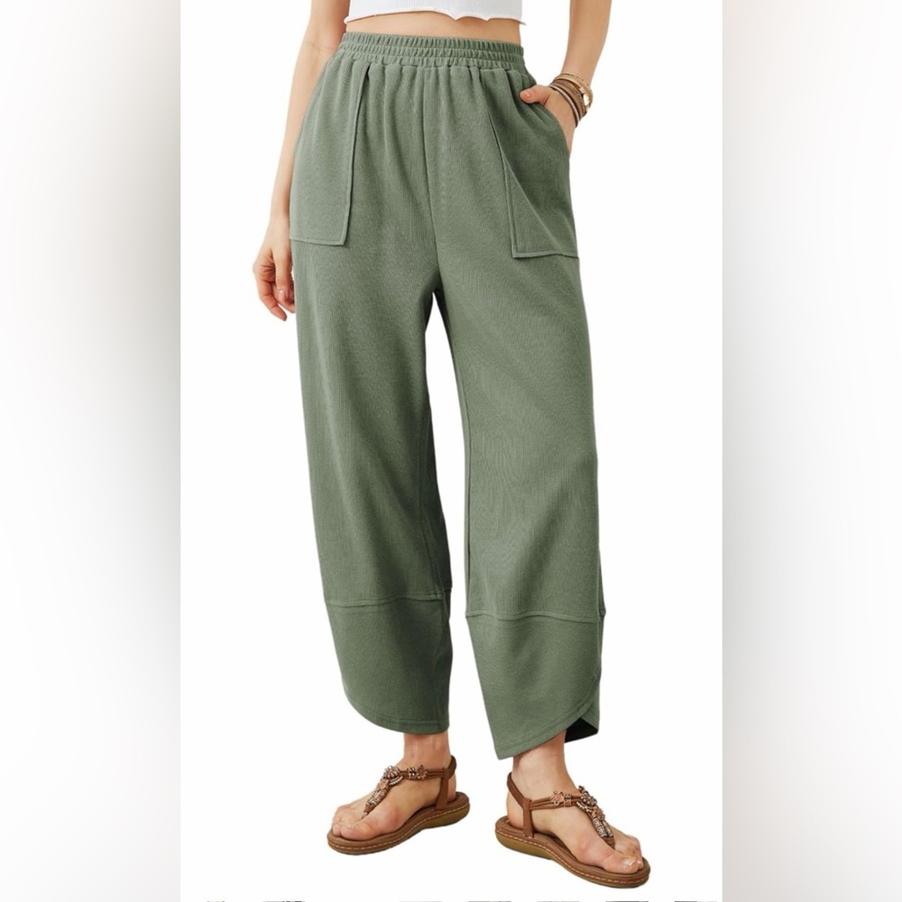 Olive Green Wide-Leg Pull-On Pants